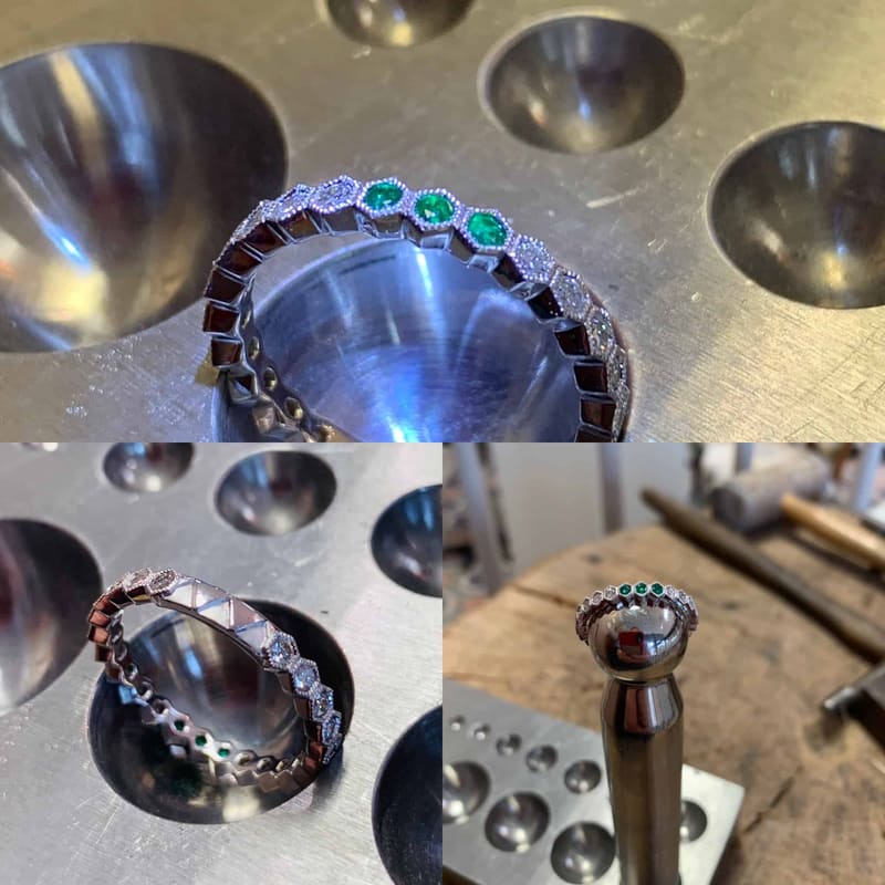 Rings being reshaped and set at the jeweler's bench
